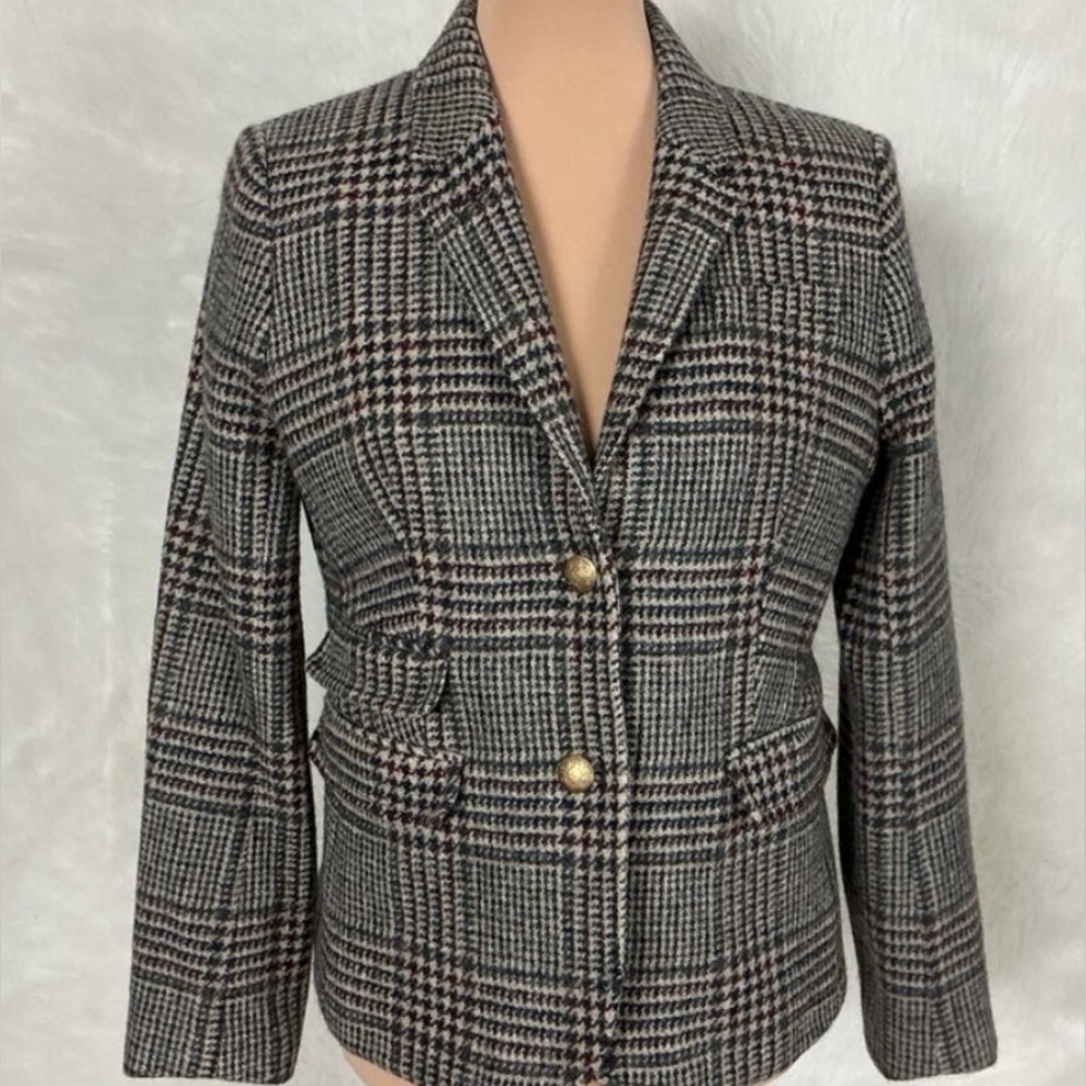 J. Crew Gray, Burgundy Red Wool Houndstooth Plaid Schoolboy Blazer 12